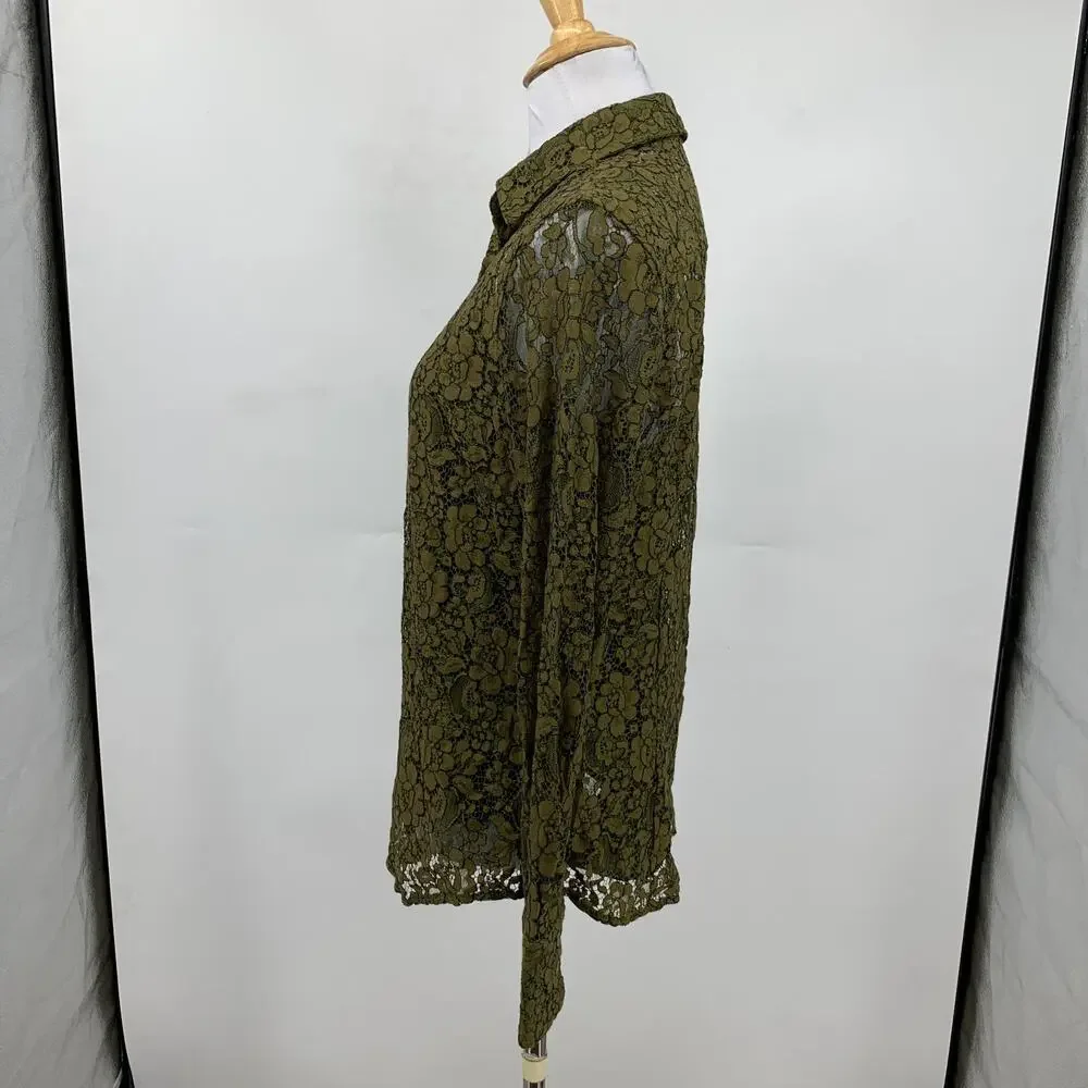 J Crew Top Women 2 Moss Two Piece Classic Fit Button Up Lace Overlay Long Sleeve